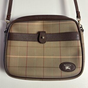 Burberrys Vtg Nova Check Crossbody Bag Brown Leather Trim Tan Camera Bag Classic